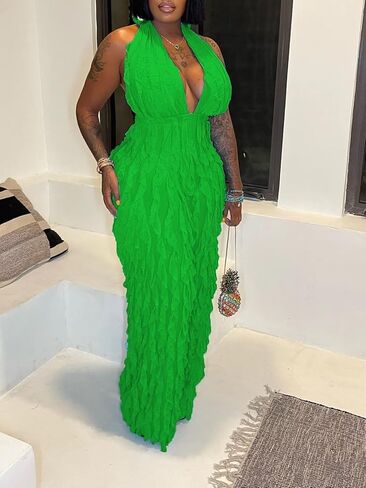 Ryehack Backless Jumpsuit for Women Sexy See Through V Neck Halter Sleeveless Ruffle Wide Leg Pants Romper in Saudi Arabia