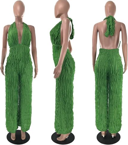 Ryehack Backless Jumpsuit for Women Sexy See Through V Neck Halter Sleeveless Ruffle Wide Leg Pants Romper in Saudi Arabia