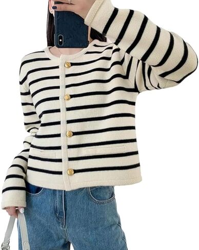 Women's Long Sleeve Striped Sweater Trendy Long Sleeve Button Down Crewneck Knit Cardigans in Kuwait
