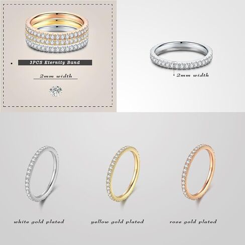 Censpell 3PCS Eternity Band for Women 14K Gold Plated Cubic Zirconia 2mm Wedding Stackable Rings in Saudi Arabia