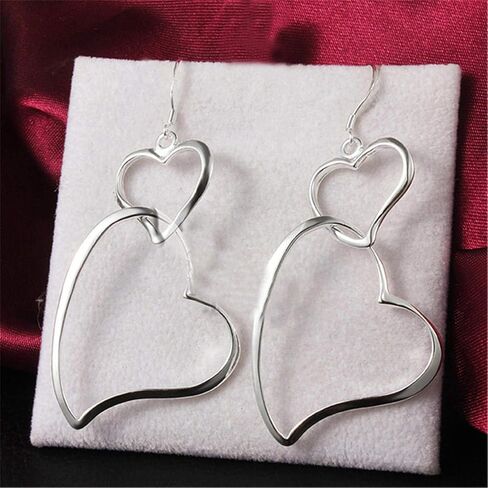 Guoshang Women Silver Heart Linked to Heart Dangle Earrings Double Hearts Ear Drops Earrings, 1 pair, 1 Pair, Metal in Saudi Arabia