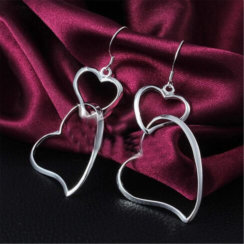 Guoshang Women Silver Heart Linked to Heart Dangle Earrings Double Hearts Ear Drops Earrings, 1 pair, 1 Pair, Metal in Saudi Arabia