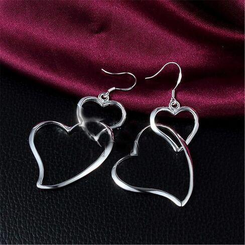 Guoshang Women Silver Heart Linked to Heart Dangle Earrings Double Hearts Ear Drops Earrings, 1 pair, 1 Pair, Metal in Saudi Arabia