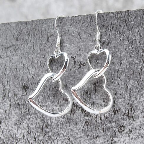 Guoshang Women Silver Heart Linked to Heart Dangle Earrings Double Hearts Ear Drops Earrings, 1 pair, 1 Pair, Metal in Saudi Arabia