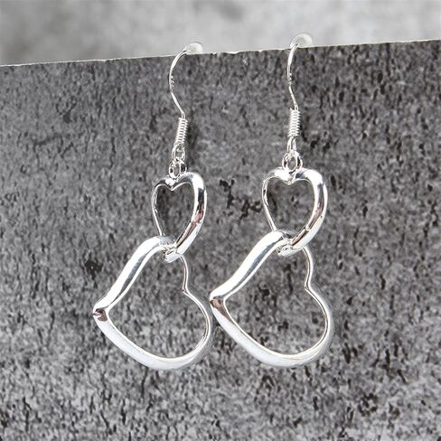 Guoshang Women Silver Heart Linked to Heart Dangle Earrings Double Hearts Ear Drops Earrings, 1 pair, 1 Pair, Metal in Saudi Arabia
