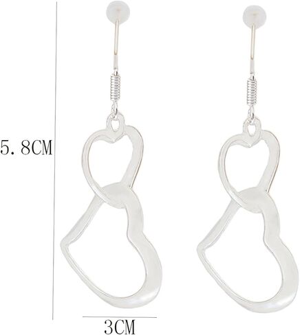 Guoshang Women Silver Heart Linked to Heart Dangle Earrings Double Hearts Ear Drops Earrings, 1 pair, 1 Pair, Metal in Saudi Arabia