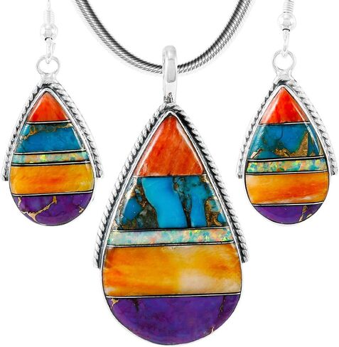 Matching Set Turquoise & Gemstones 925 Sterling Silver (Pendant, Earrings, Necklace 20") in Saudi Arabia