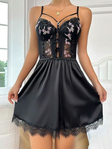 فستان Milumia نسائي من الساتان والدانتيل سهل الارتداء بدون أكمام قميص نوم in Kuwait