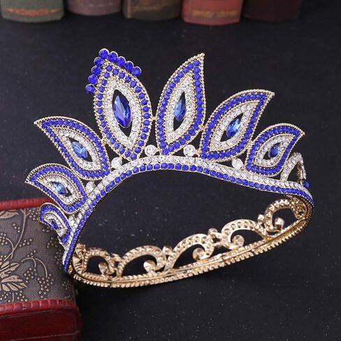 Lurrose Luxury Baroque Crown Full Round Crown Rhinestone Leaf Crown Bridal Crown Headband for Girls Woman (Golden Green Rhinestone) in Saudi Arabia