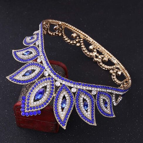 Lurrose Luxury Baroque Crown Full Round Crown Rhinestone Leaf Crown Bridal Crown Headband for Girls Woman (Golden Green Rhinestone) in Saudi Arabia