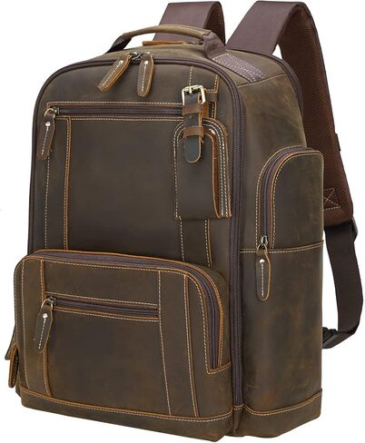 حقيبة ظهر للكمبيوتر المحمول من Masa Kawa مصنوعة من الجلد المحبب بالكامل مقاس 15.6 بوصة للرجال، حقيبة كبيرة للتخييم والسفر وعطلات نهاية الأسبوع، باللون البني in Kuwait