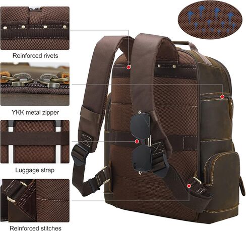 حقيبة ظهر للكمبيوتر المحمول من Masa Kawa مصنوعة من الجلد المحبب بالكامل مقاس 15.6 بوصة للرجال، حقيبة كبيرة للتخييم والسفر وعطلات نهاية الأسبوع، باللون البني in Kuwait