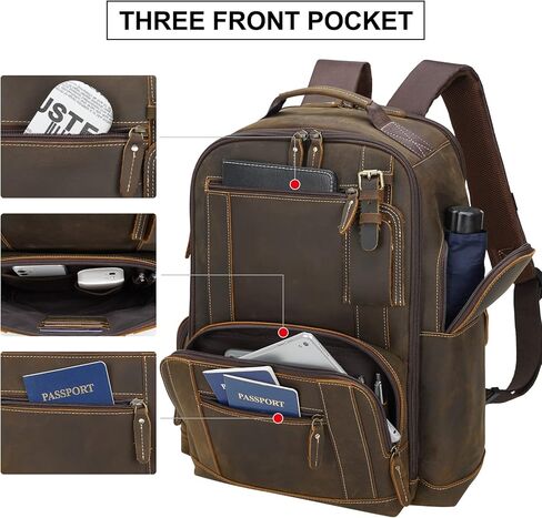 حقيبة ظهر للكمبيوتر المحمول من Masa Kawa مصنوعة من الجلد المحبب بالكامل مقاس 15.6 بوصة للرجال، حقيبة كبيرة للتخييم والسفر وعطلات نهاية الأسبوع، باللون البني in Kuwait