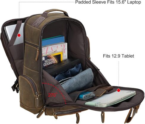 حقيبة ظهر للكمبيوتر المحمول من Masa Kawa مصنوعة من الجلد المحبب بالكامل مقاس 15.6 بوصة للرجال، حقيبة كبيرة للتخييم والسفر وعطلات نهاية الأسبوع، باللون البني in Kuwait