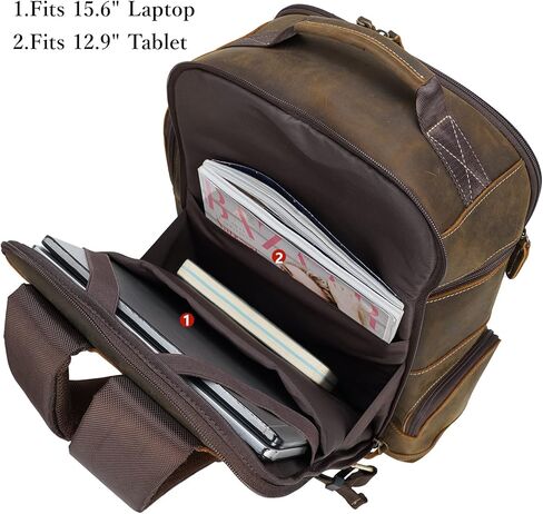 حقيبة ظهر للكمبيوتر المحمول من Masa Kawa مصنوعة من الجلد المحبب بالكامل مقاس 15.6 بوصة للرجال، حقيبة كبيرة للتخييم والسفر وعطلات نهاية الأسبوع، باللون البني in Kuwait