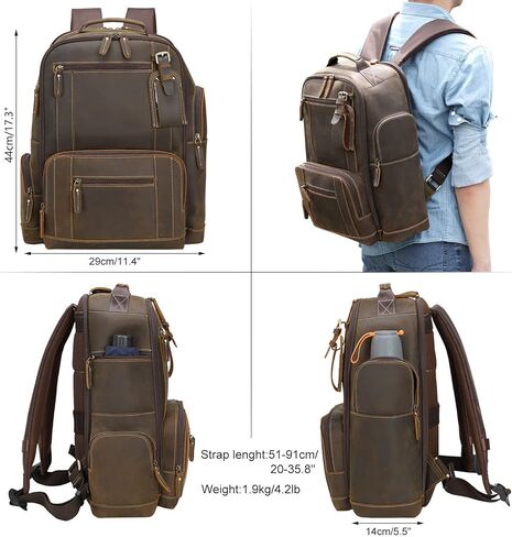 حقيبة ظهر للكمبيوتر المحمول من Masa Kawa مصنوعة من الجلد المحبب بالكامل مقاس 15.6 بوصة للرجال، حقيبة كبيرة للتخييم والسفر وعطلات نهاية الأسبوع، باللون البني in Kuwait