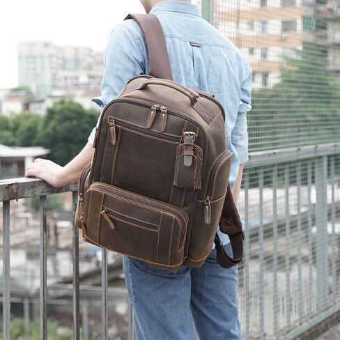 حقيبة ظهر للكمبيوتر المحمول من Masa Kawa مصنوعة من الجلد المحبب بالكامل مقاس 15.6 بوصة للرجال، حقيبة كبيرة للتخييم والسفر وعطلات نهاية الأسبوع، باللون البني in Kuwait