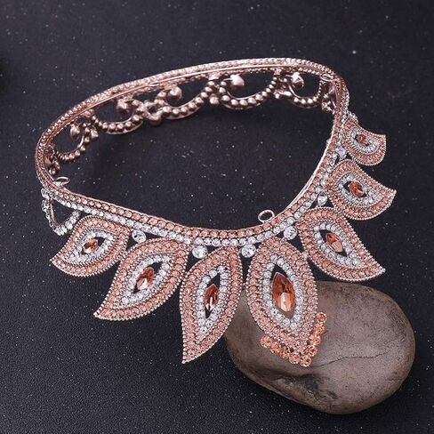 Lurrose Luxury Baroque Crown Full Round Crown Rhinestone Leaf Crown Bridal Crown Headband for Girls Woman (Golden Green Rhinestone) in Saudi Arabia