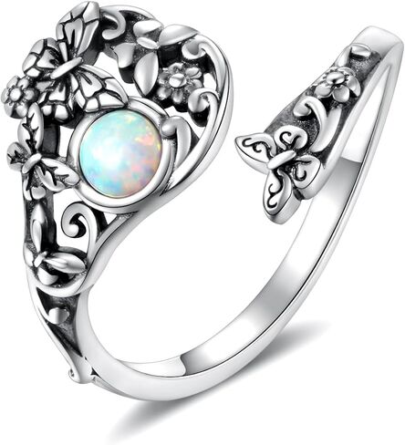 MANBU Sterling Silver Butterfly Spoon Ring - Opal Vintage Flower Animal Victorian Ring Engagement Promise Jewelry Gift for Women Wife Fiancee in Saudi Arabia
