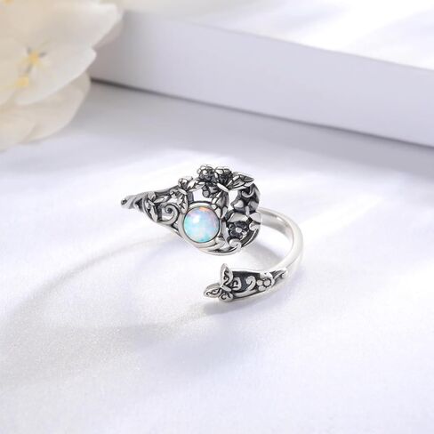 MANBU Sterling Silver Butterfly Spoon Ring - Opal Vintage Flower Animal Victorian Ring Engagement Promise Jewelry Gift for Women Wife Fiancee in Saudi Arabia