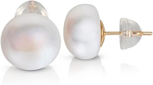 BELLA LEORA White Button AAA Freshwater Real Pearl Earrings - Great Holiday Gift for Women - 14k Yellow Gold Stud Earrings | Hypoallergenic Earrings with Genuine Cultured Pearls, 10.0mm-11.0mm, Yellow in Kuwait