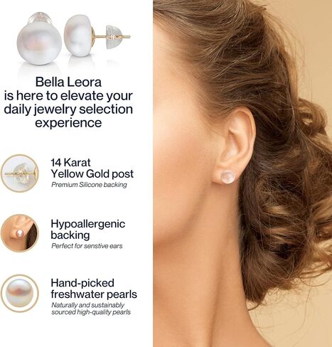 BELLA LEORA White Button AAA Freshwater Real Pearl Earrings - Great Holiday Gift for Women - 14k Yellow Gold Stud Earrings | Hypoallergenic Earrings with Genuine Cultured Pearls, 10.0mm-11.0mm, Yellow in Kuwait