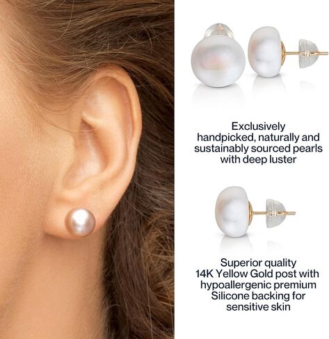 BELLA LEORA White Button AAA Freshwater Real Pearl Earrings - Great Holiday Gift for Women - 14k Yellow Gold Stud Earrings | Hypoallergenic Earrings with Genuine Cultured Pearls, 10.0mm-11.0mm, Yellow in Kuwait
