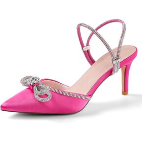 Dimgamo Women's Rhinestone Bow Heels Adjustable Strap Pointed Toe High Heels Pumps,Sparkly Satin Stilettos,Wedding Bridal Dress Heeled Sandals.