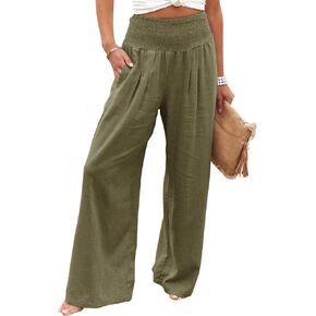 Women Linen Pants Elastic High Waist Wide Leg Palazzo Lounge Pants Casual Loose Beach Pants with Pockets in Kuwait