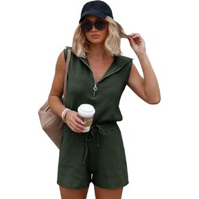 Yousify Women's Casual Sleeveless Short Rompers Summer Half Zip Lapel Collar Drawstring Knit One Piece Jumpsuit with Pockets in Kuwait