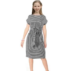 فستان KYMIDY للفتيات صيفي مخطط للأطفال بأكمام قصيرة كاجوال بحزام للفتيات، من 7 إلى 16 سنة in Kuwait