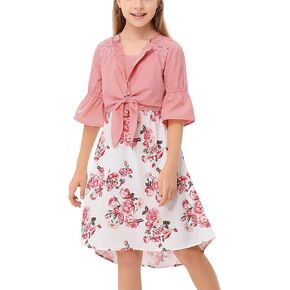 فستان LIONJIE للأطفال البنات من الشيفون بالزهور عالي الخصر وأكمام مكشكشة فستان الأميرة متوسط ​​الطول للفتيات الصغيرات من سن 3 إلى 12 سنة in Kuwait