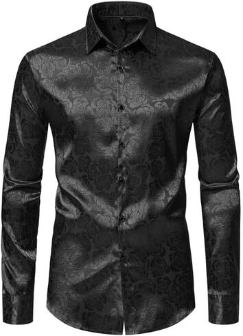 قميص رجالي فاخر من الحرير اللامع من الساتان باللون الوردي من الجاكار بأكمام طويلة وأزرار للأسفل قمصان لحفلات الزفاف والحفلات الراقصة in Kuwait