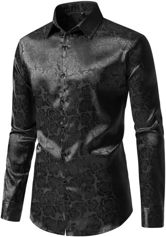 قميص رجالي فاخر من الحرير اللامع من الساتان باللون الوردي من الجاكار بأكمام طويلة وأزرار للأسفل قمصان لحفلات الزفاف والحفلات الراقصة in Kuwait