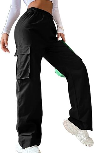 popvil Women's High Waisted Cargo Pants Baggy Wide Leg Pants Flap Pockets Causal Pants in Saudi Arabia