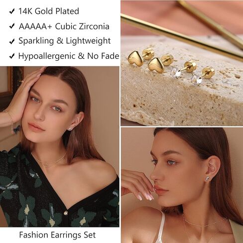 مجموعة أقراط IRONBOX لثقب متعدد أقراط وأطواق مطلية بالذهب عيار 14 قيراط مجموعة أقراط صغيرة أنيقة على شكل قلب وقمر القمر CZ أقراط مرصعة للنساء in Kuwait