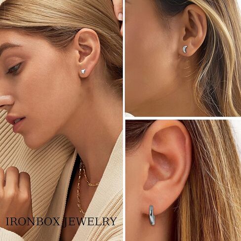 مجموعة أقراط IRONBOX لثقب متعدد أقراط وأطواق مطلية بالذهب عيار 14 قيراط مجموعة أقراط صغيرة أنيقة على شكل قلب وقمر القمر CZ أقراط مرصعة للنساء in Kuwait