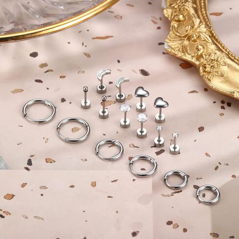 مجموعة أقراط IRONBOX لثقب متعدد أقراط وأطواق مطلية بالذهب عيار 14 قيراط مجموعة أقراط صغيرة أنيقة على شكل قلب وقمر القمر CZ أقراط مرصعة للنساء in Kuwait