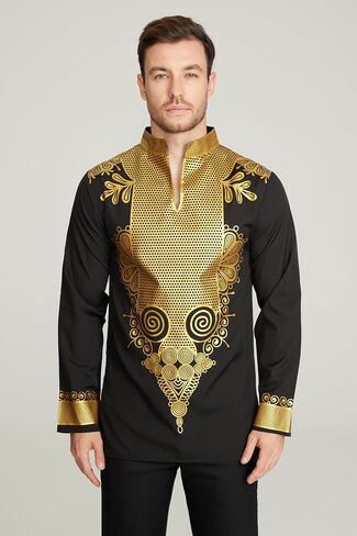 قميص Gionforsy الرجالي ذو الطباعة الأفريقية، قميص Dashiki بياقة أفريقية، ملابس أفريقية للرجال in Kuwait