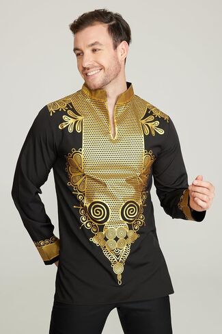 قميص Gionforsy الرجالي ذو الطباعة الأفريقية، قميص Dashiki بياقة أفريقية، ملابس أفريقية للرجال in Kuwait