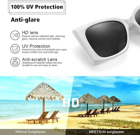 نظارات شمسية كبيرة الحجم بتصميم عين القطة العصرية من MEETSUN للنساء أنيقة عتيقة بأرجل واسعة مربعة 90s ظلال كبيرة حماية من الأشعة فوق البنفسجية 400 in Kuwait