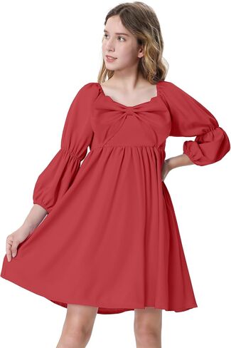 Mebius Girls Puff Long Sleeve Dresses Bow Front Smocked Square Neck Wedding A-line Casual Elegant Party Dress 6-12Y in Saudi Arabia