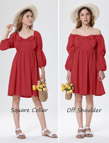 Mebius Girls Puff Long Sleeve Dresses Bow Front Smocked Square Neck Wedding A-line Casual Elegant Party Dress 6-12Y in Saudi Arabia