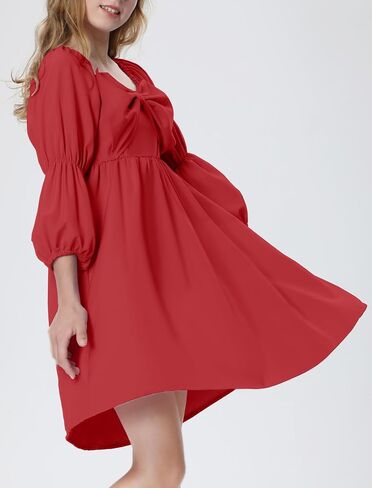 Mebius Girls Puff Long Sleeve Dresses Bow Front Smocked Square Neck Wedding A-line Casual Elegant Party Dress 6-12Y in Saudi Arabia