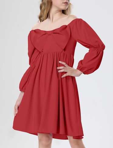Mebius Girls Puff Long Sleeve Dresses Bow Front Smocked Square Neck Wedding A-line Casual Elegant Party Dress 6-12Y in Saudi Arabia
