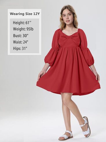 Mebius Girls Puff Long Sleeve Dresses Bow Front Smocked Square Neck Wedding A-line Casual Elegant Party Dress 6-12Y in Saudi Arabia