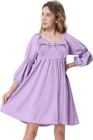 Mebius Girls Puff Long Sleeve Dresses Bow Front Smocked Square Neck Wedding A-line Casual Elegant Party Dress 6-12Y in Saudi Arabia
