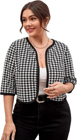 WDIRARA Women's Plus Size Houndstooth Open Front Contrast Binding Cropped Work Jacket in Saudi Arabia