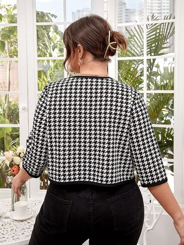 WDIRARA Women's Plus Size Houndstooth Open Front Contrast Binding Cropped Work Jacket in Saudi Arabia