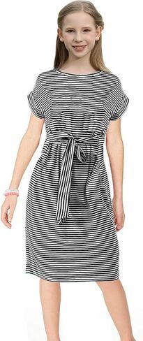 فستان KYMIDY للفتيات صيفي مخطط للأطفال بأكمام قصيرة كاجوال بحزام للفتيات، من 7 إلى 16 سنة in Kuwait